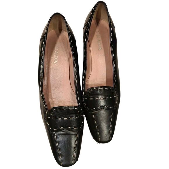 PRADA Ladys Shoes Black Leather Big Stitch Kitten Block Heels Quiet Luxury | 36½ - Picture 2 of 16